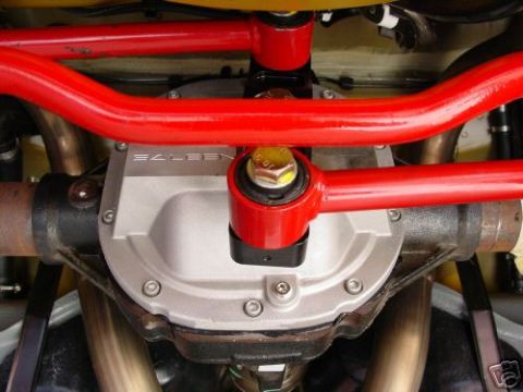 2007 Saleen S-302 - Underside view of a Saleen rear axle differential with bright red suspension components.