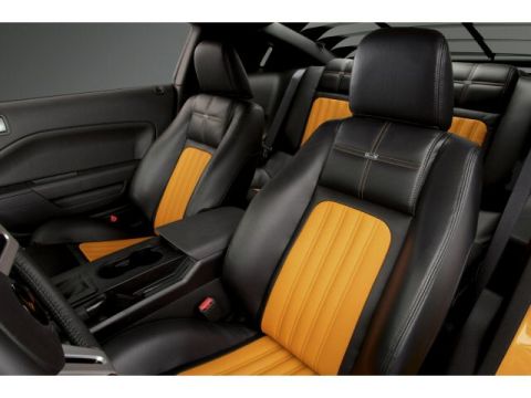 2007 Saleen S-302 - The interior features black leather seats with orange inserts and contrasting stitching.