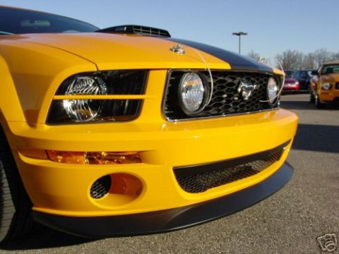 2007 Saleen S-302 - Front view of a yellow Ford Mustang, showing its grille and headlights. Another car is parked nearby.