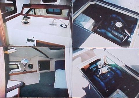 1982 Ford Bronco - Collage shows boat interior with galley, berth, and engine compartment. Website www.supermotors.net visible.