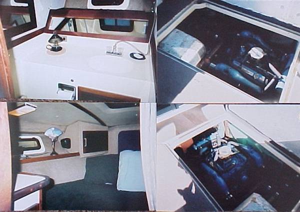 Collage of boat interior showing galley, berth, and engine compartment with visible engine