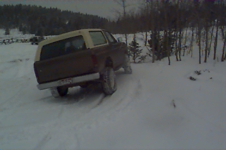 Brown and tan Ford Bronco with big tires parked in deep snow among trees, seen from the rear.