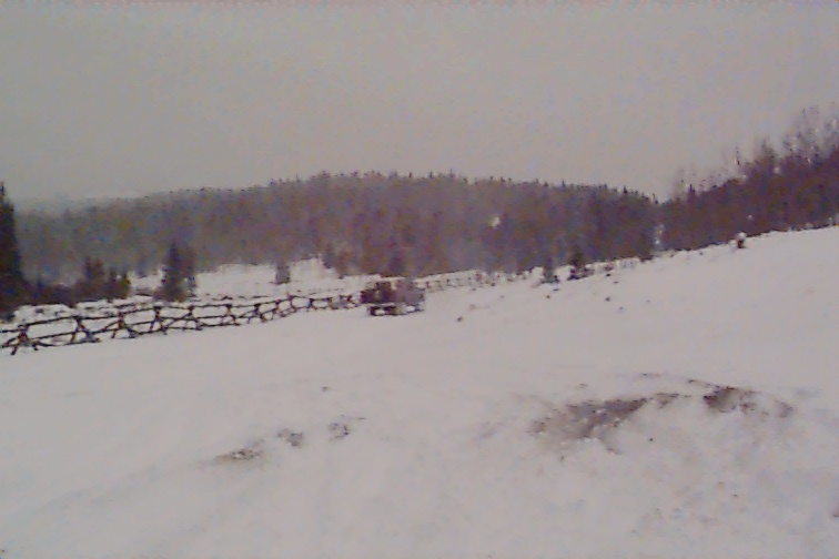 Vehicle driving on a snowy hill with a wooden fence and trees in background