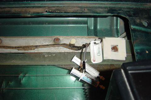 1996 Ford Bronco - Area where tab will be epoxied is masked off, warmed up and ready for repair.