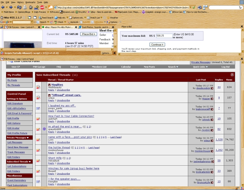 Computer screen showing a forum with thread titles like "Offroad street cars" and user names