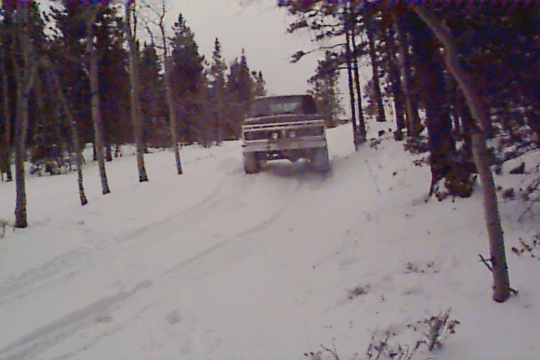 Pickup truck driving on a snowy path through trees