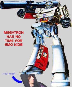 1987 Suzuki Samurai - Megatron, the Decepticon leader, is depicted with text that appears to be a meme, contrasting his persona with 'emo kids'.