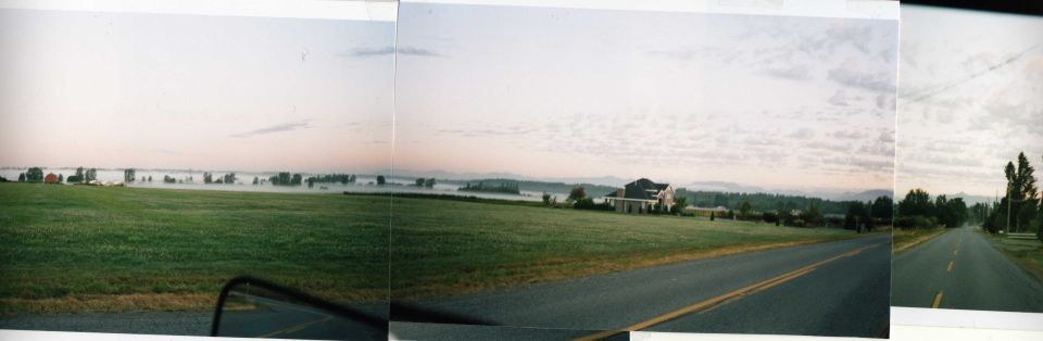 Rural landscape with a road, green field, and a house under a cloudy sky