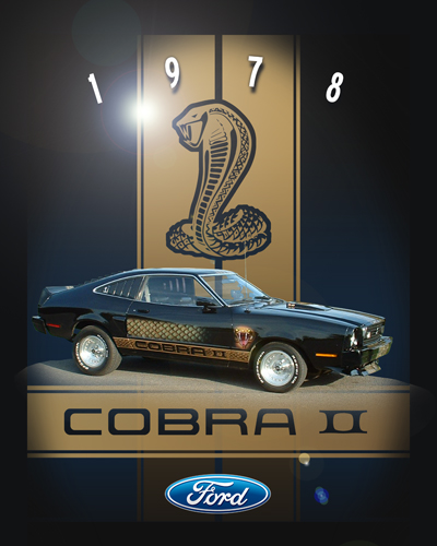 1978 Ford Mustang II - A 1978 Ford Mustang II Cobra II is shown with a cobra graphic and the year displayed.