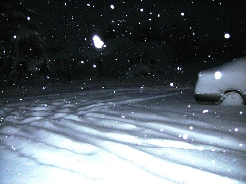 1984 Ford Bronco - A car sits partially buried in snow as snowflakes fall against a dark night sky.