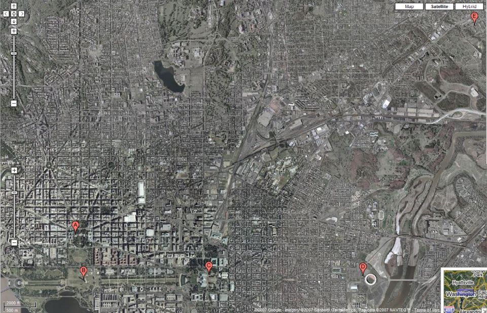 Aerial view of Washington D.C. with map markers