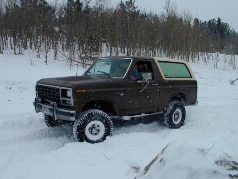 1980 Ford Bronco - Brown 1980 Ford Bronco navigating a snowy landscape with trees in the background.