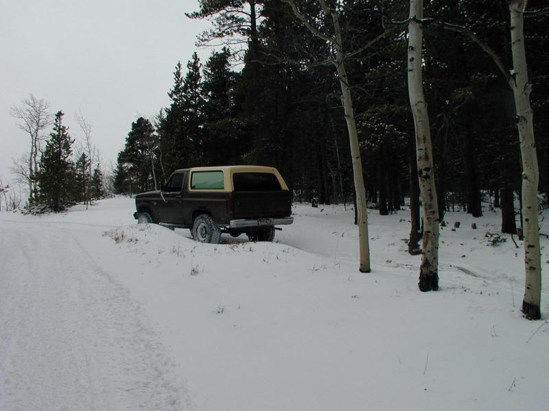Dark Ford Bronco with tan top parked off a snowy road among pines and aspens