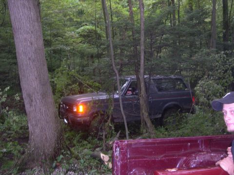 1989 Ford Bronco - A dark Ford Bronco is stuck in a wooded area, with a red pickup truck visible in the foreground.