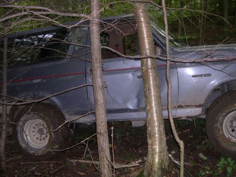 1989 Ford Bronco - This 1989 Ford Bronco appears to be stuck off-road, partially obscured by trees.