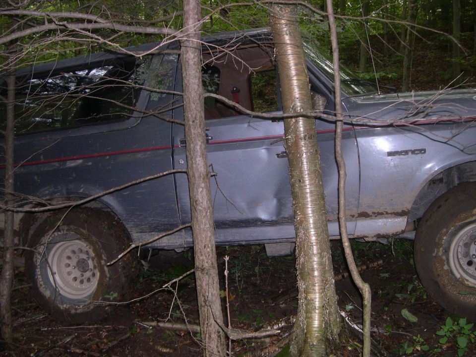 Gray 1989 Ford Bronco side view, stuck in woods