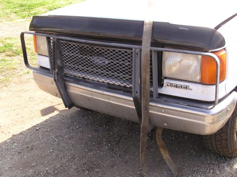 1988 Ford F-250 - Brushguard (with tow strap on hood) obviously needs a touch up of black paint all over.
