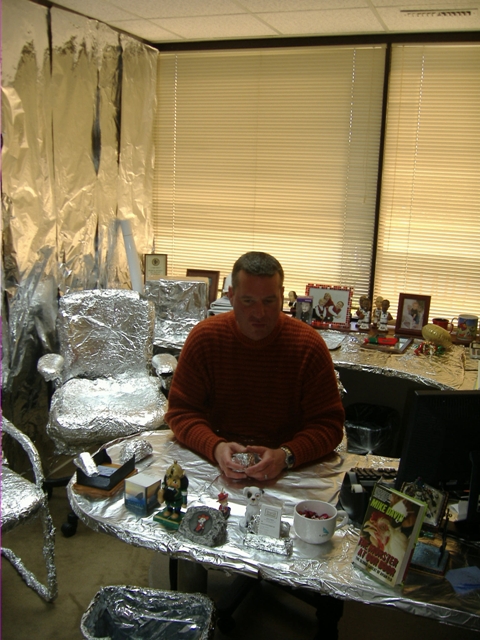 1991 Ford Bronco - An office space is extensively decorated with aluminum foil, including the furniture and walls.