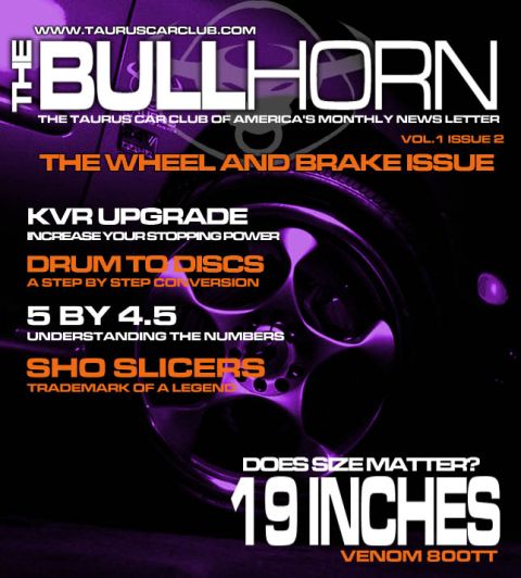 1998 Ford Taurus - The Bullhorn newsletter cover discusses car wheel and brake upgrades, 19-inch wheels.