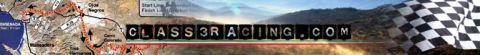 1990 Ford Bronco - website banner reads 'CLASS3RACING.COM' over a red-marked terrain course map with a checkered flag at the right edge.