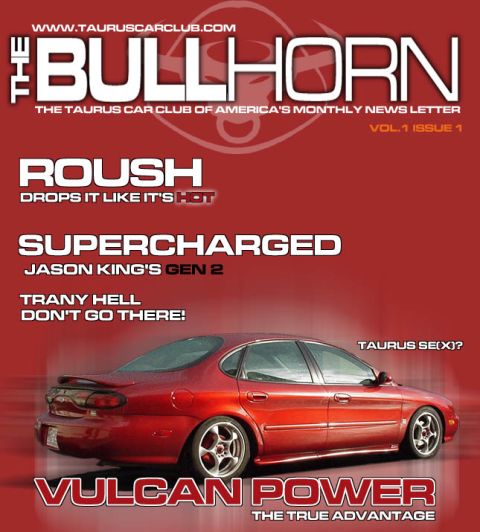 1998 Ford Taurus - This is a magazine cover a red sedan with custom wheels and a spoiler.
