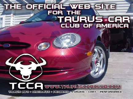 1998 Ford Taurus - A red 1998 Ford Taurus is shown from the front quarter angle, with website text overlayed.