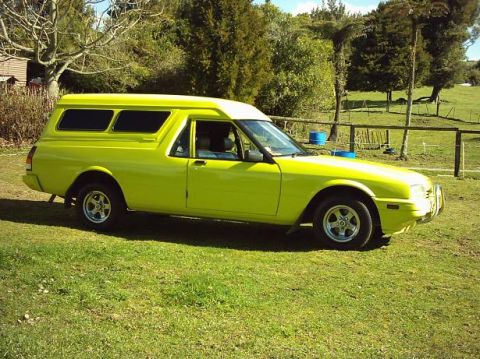 1973 Ford Ranchero - This lime green utility vehicle with a camper shell is seen from the side, parked on a grassy field.