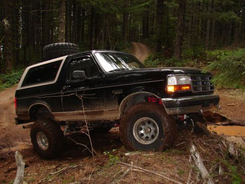 1996 Ford Bronco - 1996 Ford Bronco navigating a muddy path deep within a wooded area.