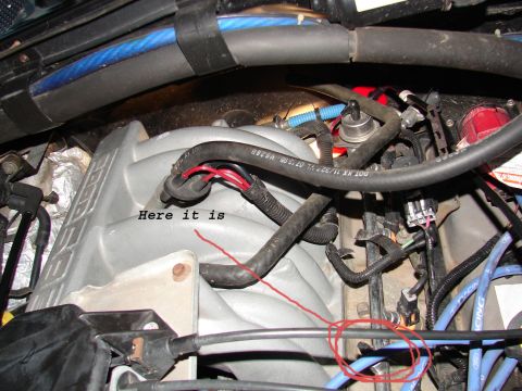 1996 Ford Bronco - Close-up view of engine components, including hoses and wiring, with annotations.