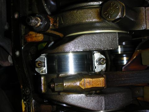 1990 Ford Mustang - Close-up view of an engine's crankshaft bearing assembly, showing wear and lubrication.