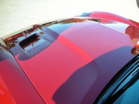 1998 Ford Crown Victoria - Detail of a glossy red car hood with two black mesh vent scoops reflecting the surroundings.