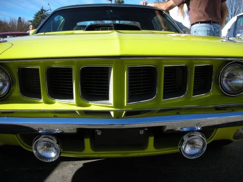 1998 Ford Crown Victoria - Low front view of a lime-green Plymouth Barracuda grille and bumper with two round chrome fog lights.