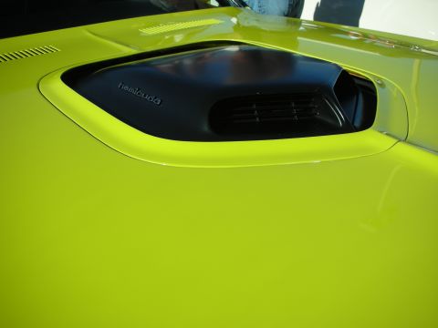 1998 Ford Crown Victoria - Detail of a lime-green car's black hood scoop bearing 'hemicuda' script against the bright paint.