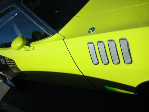 1998 Ford Crown Victoria - Close-up of a yellow-green car's front fender showing four chrome louver vents and a body-color side mirror.