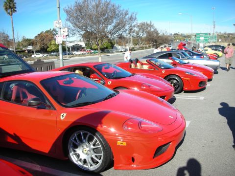 1998 Ford Crown Victoria - line of red Ferrari coupes parked nose-out in a sunlit lot near a highway during a car meet.
