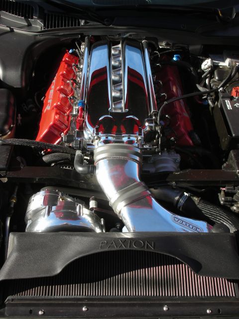 1998 Ford Crown Victoria - Detailed engine bay showing a polished V8 with red painted heads, chrome intake, and a Paxton supercharger setup.