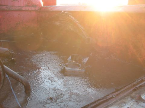 1952 Ford Pickup - The interior of a red truck bed is filled with muddy water and debris, with the sun glinting off the surface.