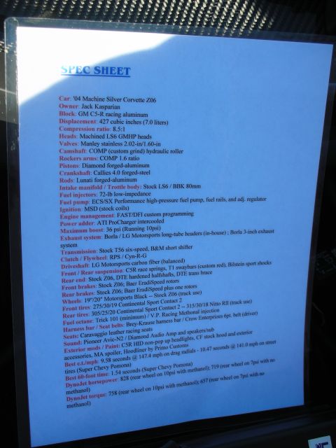 1998 Ford Crown Victoria - Car-show spec sheet listing the engine, drivetrain, suspension and performance numbers for a supercharged Corvette Z06 build.