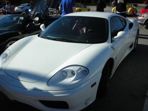 1998 Ford Crown Victoria - white Ferrari coupe bearing the prancing-horse badge shown front three-quarter among parked cars at an outdoor meet.
