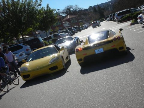 1998 Ford Crown Victoria - Two yellow Ferraris, a coupe and an Enzo, parked rear-facing in a busy car-show lot with bystanders nearby.