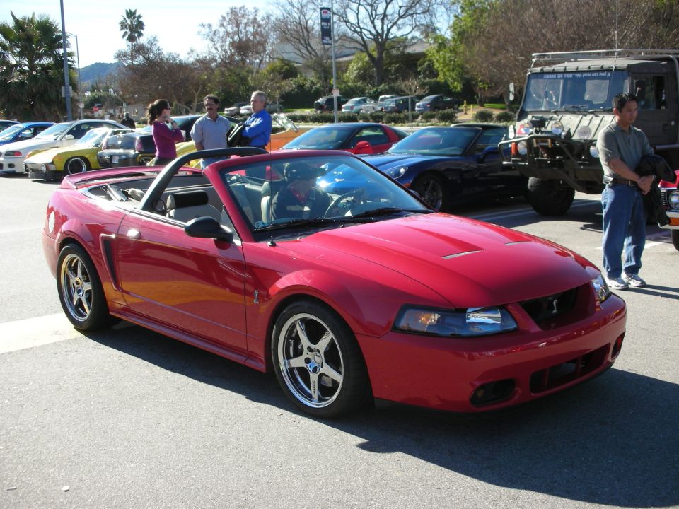 Red Ford Mustang Cobra convertible parked top-down at an outdoor car show