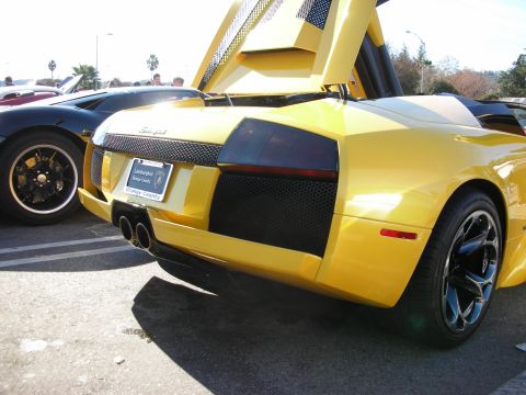 1998 Ford Crown Victoria - Rear three-quarter of a yellow Lamborghini Murcielago showing twin exhausts, taillights and a dealer license frame.
