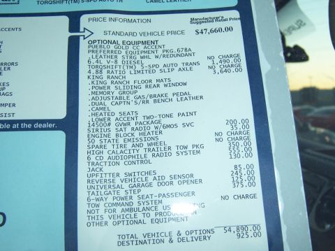 2000 Ford Excursion - This window sticker details the price information and optional equipment for a vehicle, including a standard price of $47,660.00.