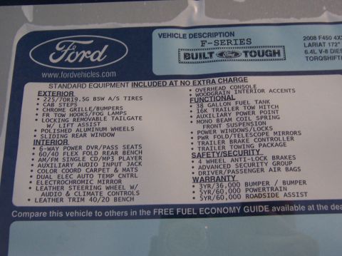 2000 Ford Excursion - Window sticker details standard equipment, functional features, safety, and warranty for an F-Series truck.