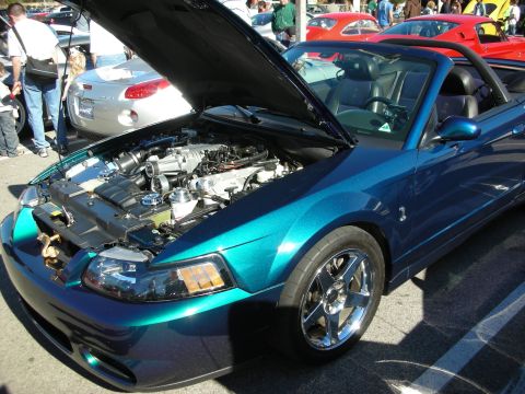 1998 Ford Crown Victoria - teal-green Ford Mustang SVT Cobra convertible sits with hood raised, displaying its supercharged engine at a car show.