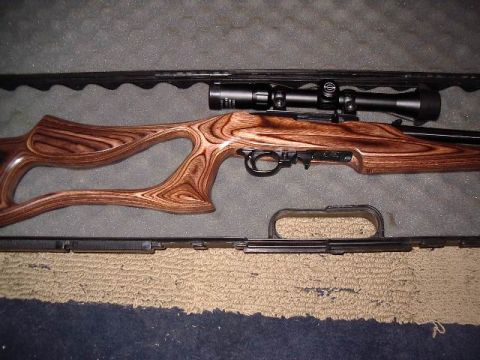 1985 Ford Bronco - A rifle with a distinctive wooden stock and a scope is shown inside its case.