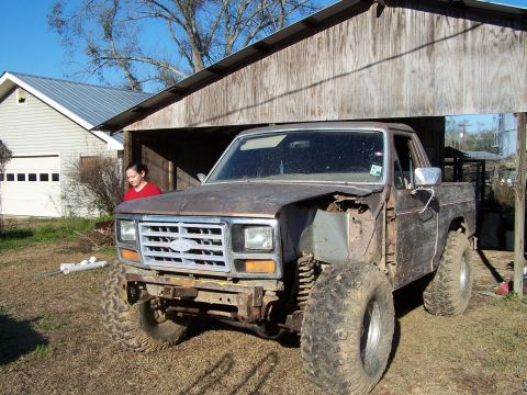 1981 Ford Bronco - This Ford F-Series truck, likely from the early 1980s, is in a state of disrepair and appears to be modified for off-road use.