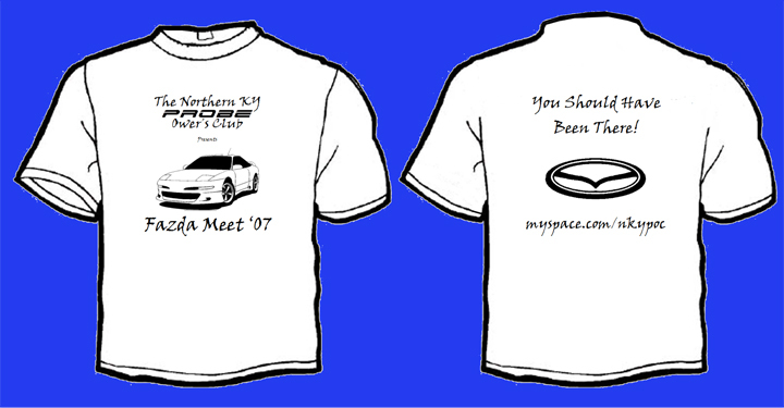 T-shirt graphic of a 1995 Ford Probe, front view, with 'Fazda Meet '07' text