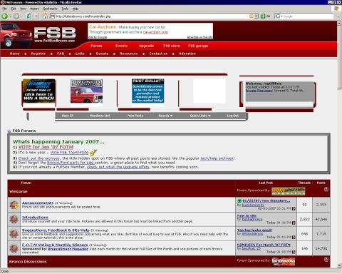 1988 Ford Bronco - FullSizeBronco.com forum homepage displays recent activity and site announcements.