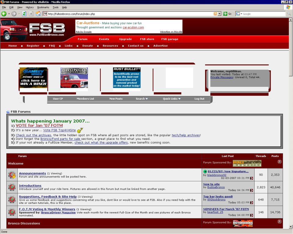 Screenshot of FSB Bronco forum homepage in Firefox browser